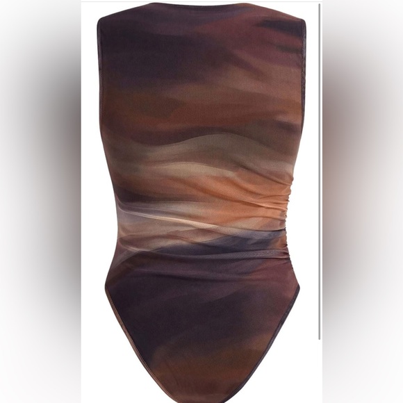 Tie Dye Cowl Neck Sleeveless Ruched Mesh Skinny Bodysuit Tank - Picture 5 of 13